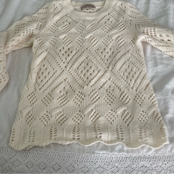 LOFT SMALL cream sweater Pointelle Knit Wool Blend white open knit long sleeve - Picture 4 of 7